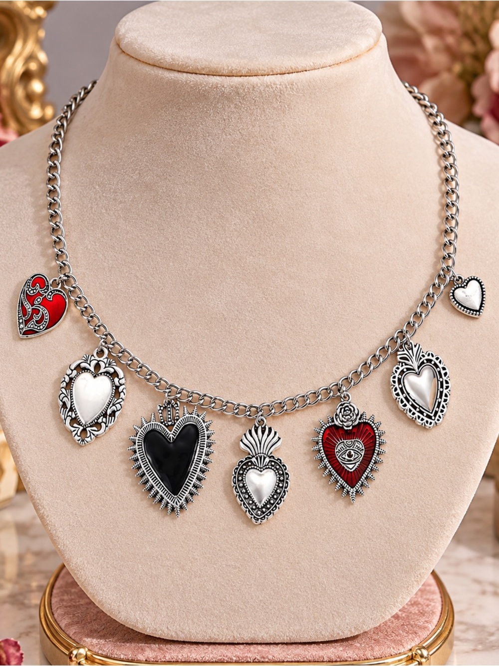 Silver Heart Charm Necklace with Red, Black & White Pendants